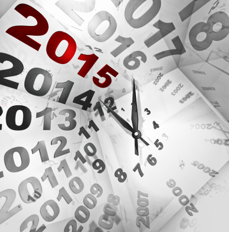 Clock with spiraling years and 2015 in red