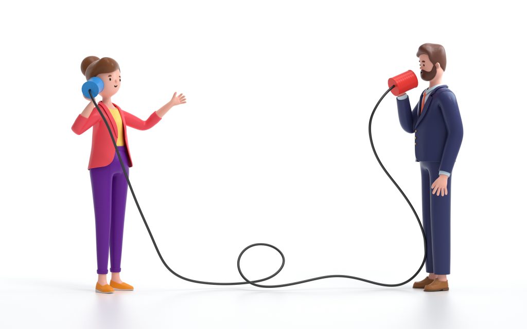 Graphic of two people speaking through can phone - Elevating Customer Experience Through Strategic IVR and Auto Attendant Voice Branding